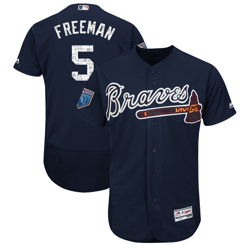 Braves #5 Freddie Freeman Navy Blue 2018 Spring Training Authentic Flex Base Stitched MLB Jersey - Click Image to Close